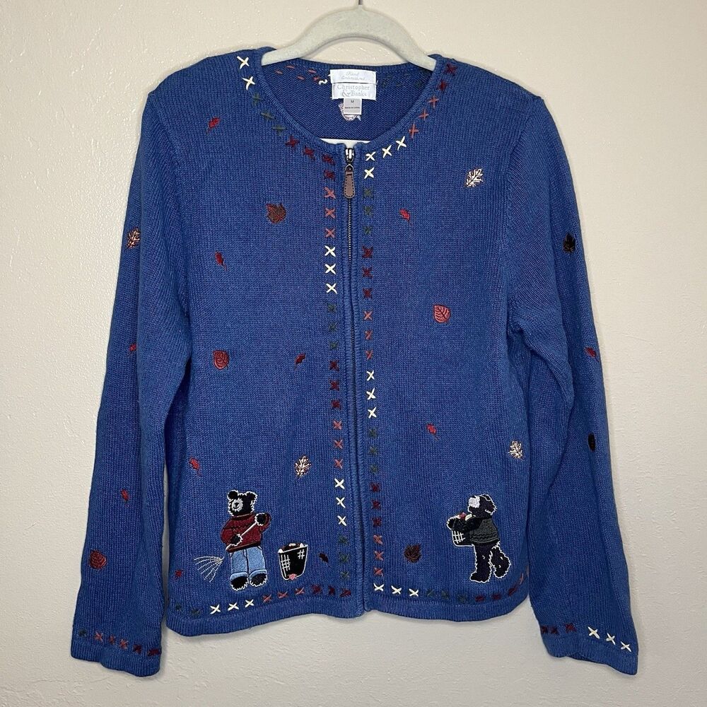 Hand Embroidered Sweater Bears Raking Leaves Fall Harvest Sz M Christopher Banks